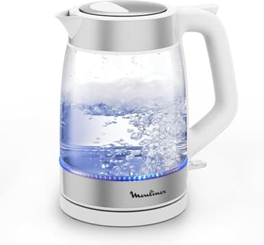 Moulinex Bouilloire Électrique en Verre 1,7 L, Ébullition Rapide, Transparente, Filtre Amovible, Éclairage LED, Base 360°, Sans Fil, Blanc, BY6R5130