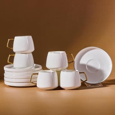 KARACA Saturn Lot de 12 tasses à café turques pour 6 personnes, or blanc, 6 tasses à expresso et 6 sous-tasses, tasses à moka, en porcelaine, tasses à expresso