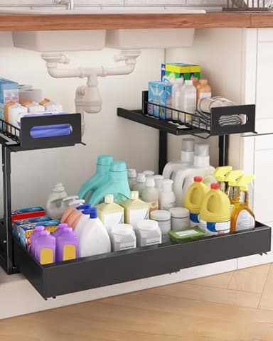 Ornestia 2 étages Tiroir Coulissant Cuisine Adhésif Rangement Placard, réglable en Hauteur,étagère sous évier renforcée,Organiseur Extensible pour évier-Noir