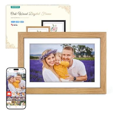 Cadre Photo Numérique Bois WiFi 10.1 Pouces, Mémoire 32 Go, écran Tactile IPS 1280 * 800 HD, Auto-Rotation, Montage Mural, Partage de Photos Vidéos Via Frameo APP, Cadeau Femme Homme, Bois de Chêne