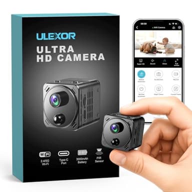 ULEXOR Mini Caméra Espion sans Fil 4K WiFi 2,4 GHz et 5 GHz pour Surveillance avec Détection de Mouvement AI, Vision Nocturne Infrarouge, Objectif Grand Angle 150°, Batterie Longue Autonomie