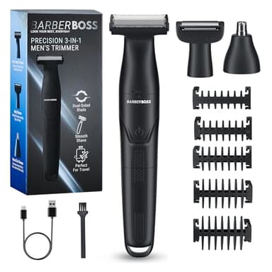 BarberBoss Tondeuse de précision 3-en-1 pour homme, kit de soins pour barbe et cheveux, tondeuse corps, tondeuse nez et oreilles, rasoir sans fil rechargeable avec chargement USB, QR-2301 (Noir)