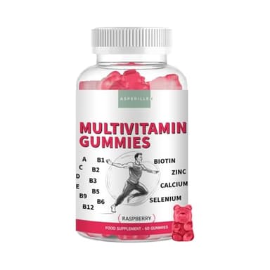 Gummies Multivitamines et Minéraux Hommes et Femmes - Vitamines Adultes Avec 15 Nutriments Essentiels Contre la Fatigue - Vitamines A B C D E + Calcium, Zinc et Sélénium - 60 Unités Goût Framboise