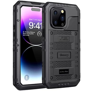 Beeasy Coque pour iPhone 14 Pro Max Antichoc, 360 Intégrale Étanche Etui Militaire avec Protecteur d'écran Intégrée, Metal Robuste Armure Résistant Antipoussière Housse pour iPhone 14 Pro Max, Noir
