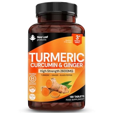 New Leaf 180 Comprimés de Curcuma avec Gingembre et Poivre Noir, Complément de Curcuma Actif 2 600 mg, 95% d'Extrait de curcumine, 180 Comprimés (3 Mois), Haute Concentration