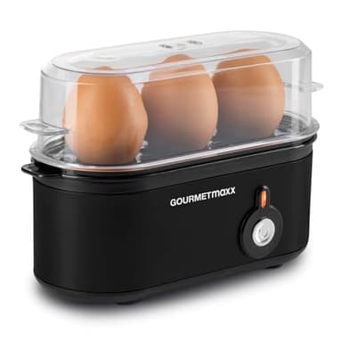 GOURMETmaxx Cuiseur à œufs pour 3 œufs | Cuiseur à œufs avec pique-œuf dans le gobelet doseur | 3 degrés de cuisson pour votre coquetier | Design petit format – pièces lavables au lave-vaisselle