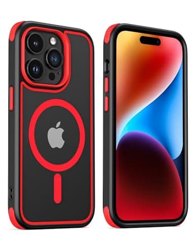 MobNano Coque Magnétique pour iPhone 14 Pro Max, Compatible avec MagSafe, Hybrid Coque pour iPhone 14 Pro Max avec Color, Protection Antichoc Militaire, Housse Anti Rayures - Noir/Rouge