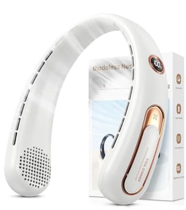 Ventilateur de Cou Portable, Ventilateur USB Rechargeable 4000mAh Max 15H, Ventilateur Silencieux sans Pale, 3 Vitesses et Affichage LED, Petit Ventilo Puissant 360°, pour Bureau Sport Voyage Camping