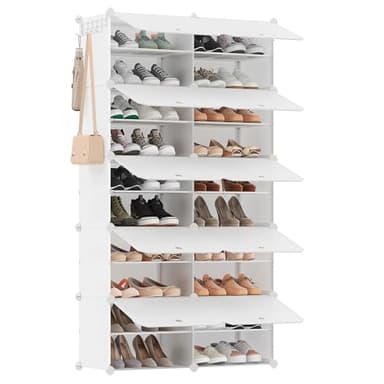 SONGMICS Étagère à Chaussures 10 Compartiments, Étagère de Rangement Modulable, Compartiment de 30 x 40 x 30 cm, Porte, Cadre en Acier, Plastique, pour Couloir, Chambre, Entrée, Blanc Nuage LPC035W02