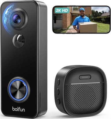 BOIFUN 2K HD Sonnette sans Fil Exterieur Etanche, Vision à 180°, Sonnette sans Fil avec Camera, Installation Facile, Détection IA Avancée, Vision Nocturne, Stockage Carte SD, WiFi 2,4 GHz Uniquement