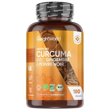 Curcuma Bio Gélules, Poivre Noir & Gingembre, 180 Gélules Vegan, Curcuma Complex Certifié Agriculture Biologique - Turmeric Source de Curcumine, Vitamines et Minéraux - sans OGM, Fabriqué en Europe
