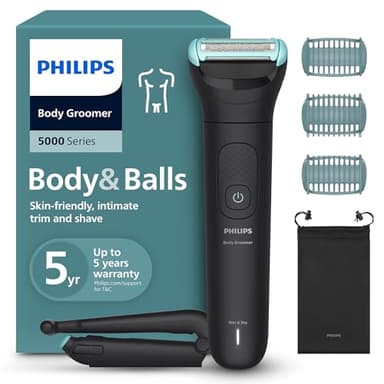 Philips Bodygroom série 5000 - Tondeuse pour hommes avec Triple protection, taille des poils et rasage des zones intimes, accessoire pliant pour le dos, 100% étanche, autonomie de 100 min, BG5480/15