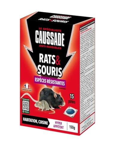 Caussade Anti Rats & Souris - Espèces résistantes - Lieux secs & humides - 15 Sachets pâtes - Prêt à l'emploi - Une Ingestion Suffit - Fabriqué en France - 150g - CARSPTBF150