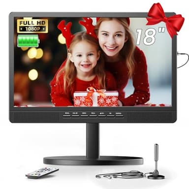 Desobry Télévision Portable 18 Pouces avec antenne, Mini téléviseur LCD avec Tuner DVB/T2, 12V TV 6000mAh Rechargeable avec Base Ronde pour Le Camping en Plein air, la Chambre à Coucher, la Cuisine
