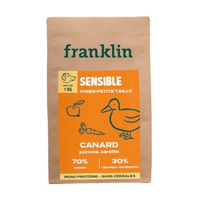 Franklin – Croquettes Chien sans Céréales – Gamme Protéinée – avec 70% de Canard – Mono-protéine – Digestion Facile – Taille 8mm – 1 kg