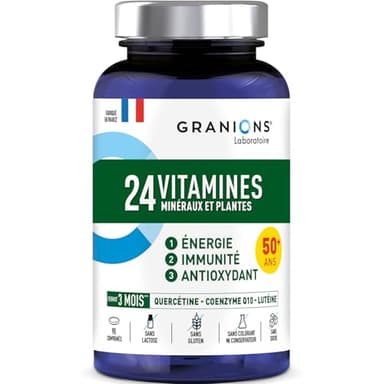 GRANIONS 24 VITAMINES - Multivitamines et Minéraux - Magnesium, Zinc, Vitamine C, Selenium, Coenzyme Q10, Luteine - Energie, Immunité - Vitamines Adultes - 90 Comprimés - 3 MOIS - Fabriqué en FRANCE