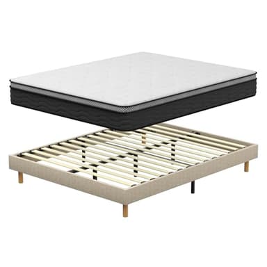 DEWINNER Ensemble Sommier et Matelas 140x190 cm, Lit 2 Personnes Complet avec Sommier Tapissier et Matelas Ressorts Ensachés 140x190x30, Confort, Respirant (Matelas 140x190x30+Sommier) Beige