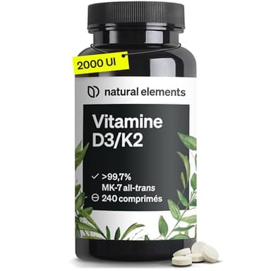 Vitamines D3 et K2 – MK-7 all-trans > 99,7% et vitamine D3 2000 U.I. – 240 comprimés – hautement dosé, haute biodisponibilité – sans additifs inutiles