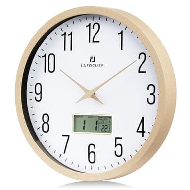 Lafocuse 30cm Horloge Murale Calendrier LCD avec Date Thermomètre, Vintage Silencieuse Pendule Murale Beige, sans Tic-tac Déco pour Cuisine Salon Chambre Bureau