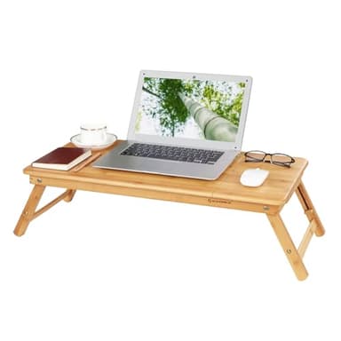 SONGMICS Table de lit pliable,Petite table en bambou pour ordinateur portable,pour Gaucher et Droitier, Plateau ajustable 5 positions, 72 x (21-29) x 35 cm ,Trous d’aération,Petit tiroir LLD004