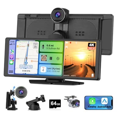 Hexinex Écran CarPlay Voiture 10,26" sans Fil, Compatible CarPlay & Android Auto, avec Dashcam Avant 4K et Caméra Arrière 1080P, Bluetooth/GPS/FM/AUX/Lien Miroir/Carte TF 64G