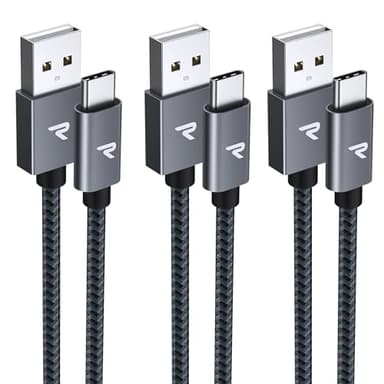 RAMPOW Cable USB C, Charge Rapide 3A QC3.0, Cable Chargeur USB C Cable Nylon Tressé Compatible avec iPhone 17 Pro Max Air 16/15, SamsungS22/S21/S20/S10, Xiaomi, Sony-Gris Sidéral/1M+1M+2M