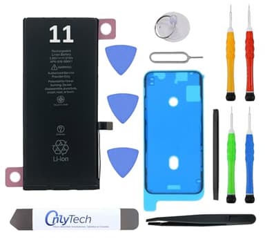 OnlyTech Batterie Premium de Remplacement pour iPhone 11-3110mAh, Identique à l'Original, Kit 12 Outils Professionnels et adhésif écran Inclus