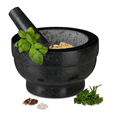 Relaxdays Mortier en granit avec pilon, robuste, pour épices, herbes, mortier en pierre polie, 5,6 kg, cm, 1l, noir