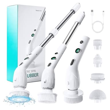 Brosse Nettoyage Rotative Électrique, Brosse de Nettoyage avec 4 Têtes de Brosse, Étanche IPX7, 350RPM 2 Vitesses, Affichage Numérique Batterie, Longueur Réglable pour Salle de Bain Cuisine Voiture