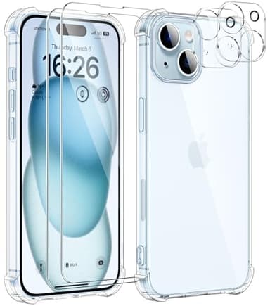 SOGUDE 5 en 1 Coque pour iPhone 15 avec 2 Verre Trempé et 2 Caméra Protecteur, Étui de Protection Antichoc avec Coussin d'air Intégré Mince Bumper Housse - Transparente