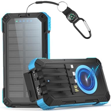 56800mAh Batterie Externe, Power Bank Solaire sans Fil avec Charge Rapide 30W PD, 6 Ports, 4 Câbles Intégré, Lampe Torche, Chargeur Portable pour Camping, Randonnée, Téléphones et Tablettes (Bleu)