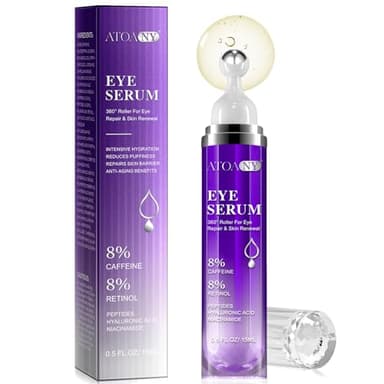 Sérum pour les yeux pour les cernes et les poches avec 8% de caféine 8% de rétinol, crème anti-âge pour les poches et les cernes avec 360° Eye Roller Massage Ball pour femmes et hommes - 15ml