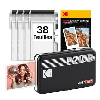 Imprimante photo portable KODAK Mini 2 Retro 4PASS (5,3 x 8,6 cm) + paquet de 38 feuilles, noir