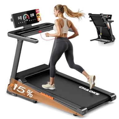 CHAOKE Tapis de Course Pliable, 3,0 CV Tapis de Marche Inclinable 15 Niveaux Réglable, Silencieux 16km/h Walking Pad avec Écran LCD et Moniteur de Fréquence Cardiaque, Multiples APP, Charge Max 180KG