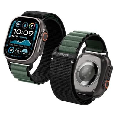 Spigen Bracelet en tissu avec fermeture auto-agrippante Compatible avec Apple Watch Ultra 3/2/1 49mm, Series 11/10 46mm, Series 9/8/7 45mm, 44mm - Noir Vert