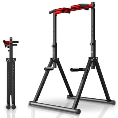 WATBKHE Chaise Romaine Power Tower Dip Station, Barre de Tractions Pliable Musculation, Hauteur Réglable, Structure triangulaire, pour Entraînement à Domicile (Noir, Rouge - Multifonction)