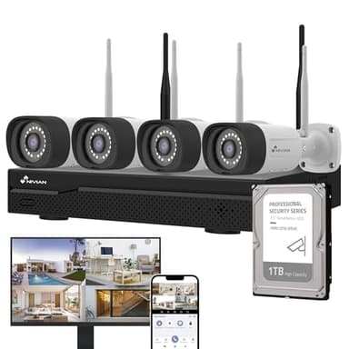 NIVIAN, Kit Caméras de Surveillance WiFi 2K Professionnel avec 4 Caméras IP, NVR 10 Canaux, Images Super HD, Détection Humaine IA, Vision Nocturne, Audio, HDMI, App EseeCloud, Enregistrement HDD