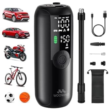 Woowind Gonfleur Pneus Voiture, Pompe A Velo, Gonflage en 1 Minute, 150PSI/10,3BAR Compresseur à Air Portatif pour Voitures, Vélos, Motos et Ballons avec Arrêt Automatique, Ecran LCD et Lampe LED