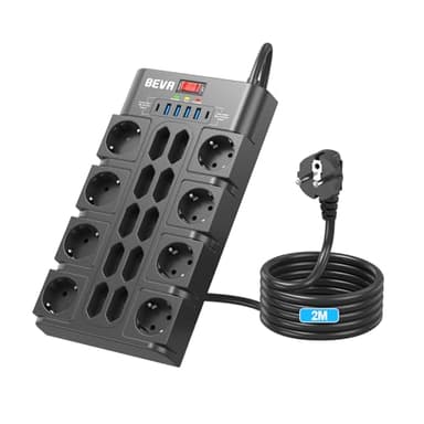 18 Prises Multiprise avec Interrupteur (3680W/16A) + 2100J Multiprises Parafoudre et Surtension + Câble 2M, BEVA Bloc Prise Multiple 4 USB-A +2 USB-C(15W), Prise Electrique avec Terre,Noir