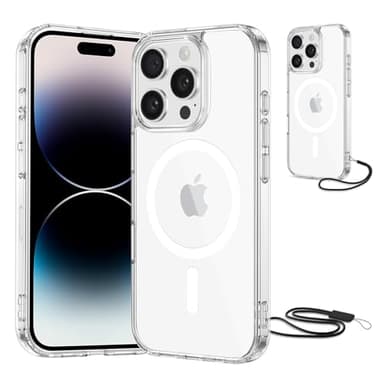 NEW'C Magnétique Coque pour iPhone 14 Pro Max (6,7 Pouces), Compatible avec MagSafe Antichoc Ultime avec Cordon – Magnétisme Puissant et Protection Militaire - Etui Fine - Transparent