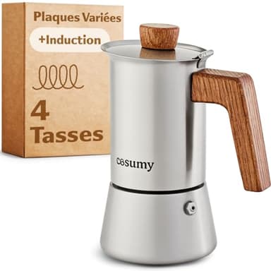 Cosumy Cafetière Expresso en Acier Inox 200ml - Pour 4 tasses - Induction, Gaz und Tous Feux - 200ml Cafetière italienne Espresso Moka