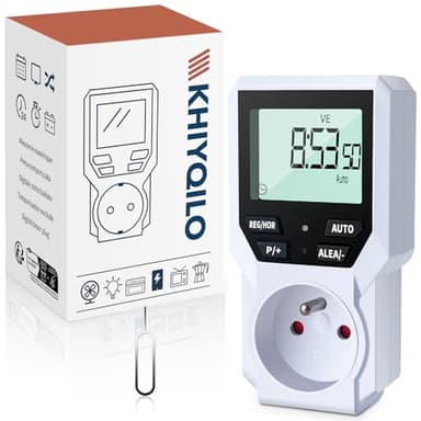 KHIYQILO Programmateur Prise Électrique Digitale, Version Française, Minuterie Prise Numérique 18 Programmes, Prise Programmable Digitale, Compte à Rebours, Mode Anti-vol, Économie d'Energie Français
