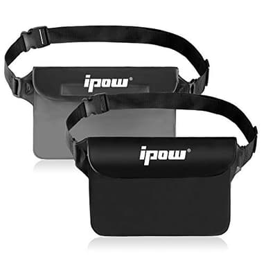 IPOW 2PCS Housse Étanche à Ceinture Certifiée IPX8 Sangle Ajustable 3 Zipper Plastique Pochette à Ceinture/Etui Imperméable/Sac pour Nautique,Pêche,Kayak,Baignade,Protection Téléphone/Argents/Cartes