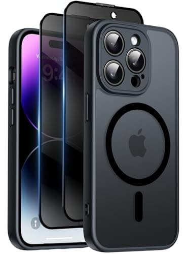 Qasyfanc Coque Magnétique pour iPhone 14 Pro Max 6,7 Pouces avec 2 Verre Trempé Anti-Espion, Compatible avec MagSafe, Étui Mat Translucide Arrière Housse Antichoc Anti-Rayures, Noir