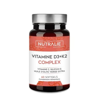Vitamine D3 et K2 10000 UI - Immunité Os Muscles - Vitamine D3 K2 MK7 avec Vitamine C et Huile d'Olive Extra Vierge - 60 gélules Vitamine D Complex Nutralie