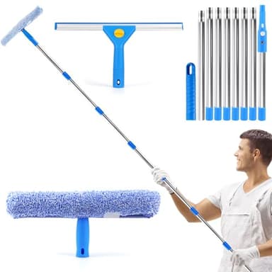 Qcdou Raclette Vitre Professionnel avec 3 m Télescopique Manche Lave Vitres, Nettoyeur Vitre avec Raclette en Silicone et Brosse en Microfibres, Kit Nettoyage Vitres pour Salle Bain, Carrelage