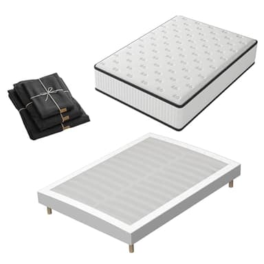TEENO Matelas à mémoire de Forme et sommier 140x190 Ensemble, Matelas 140x190 et Parure de lit 4 pièces +Sommiers à Lattes avec 9 Pieds pour Adulte | 2x14 Lattes (140x190x22cm)