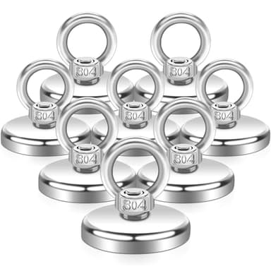 Lot de 8 aimants en néodyme extra puissants - 70 kg - 42 mm - Avec trou - Pour la pêche, la maison, l'atelier, l'étang, l'eau