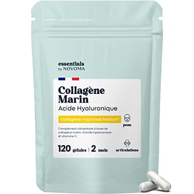 Collagène Marin + Acide Hyaluronique, Peau Hydratée et Articulations Fortes, Cure de 2 mois, 120 Gélules, Collagene Hydrolysé Type 1 Naticol®, Avec Vitamine C, Fabriqué en France, by Novoma