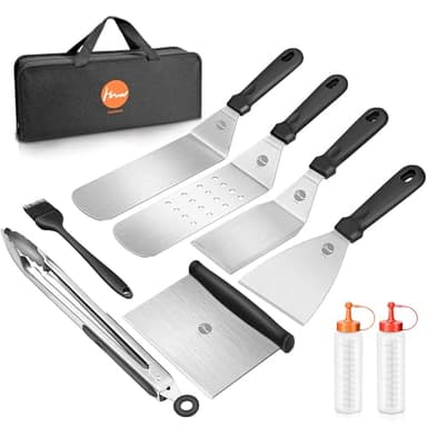 Huolewa 9 Pcs Ensemble de Spatuleen Acier Inoxydable, Ensemble d'accessoires pour Plaque chauffante Professionnelle BBQ, Barbecue Spatule ustensiles Set, Spatule Plancha pour Teppanyaki